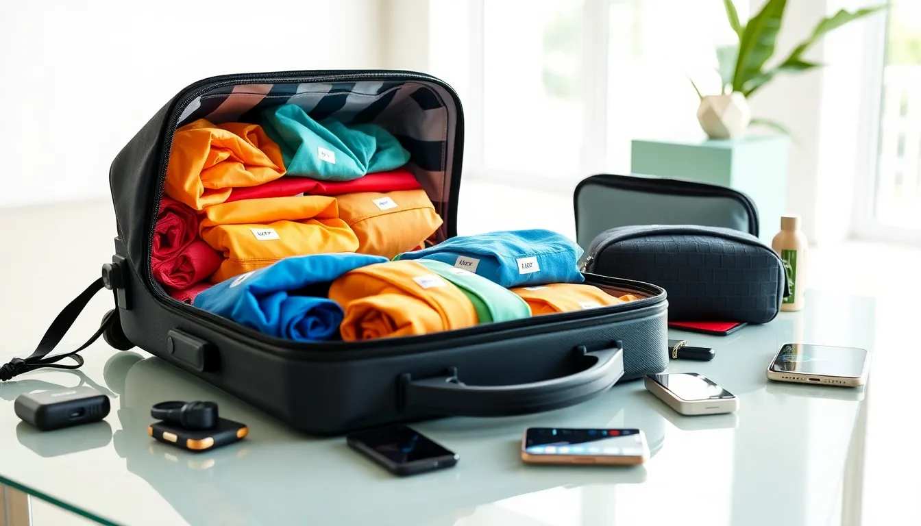 organized suitcase with travel essentials and packing cubes on a table.