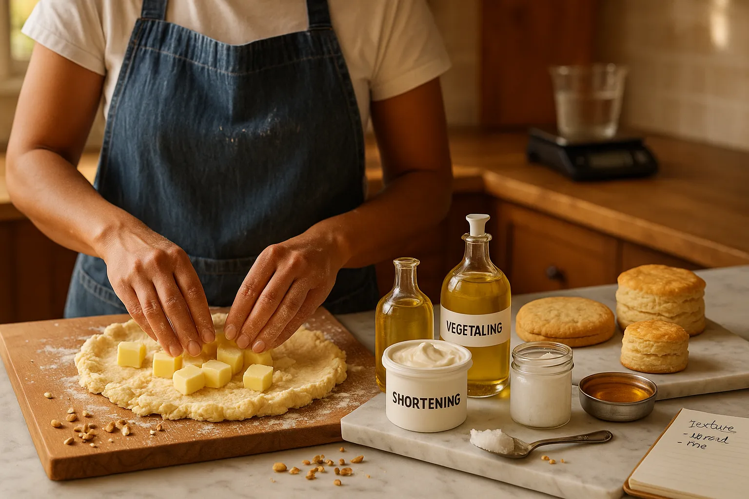 Home baker comparing butter and substitutes with flaky pie and spread cookies.