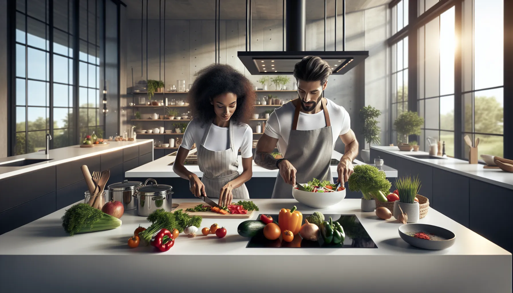 diverse team preparing healthy meals in a modern kitchen.