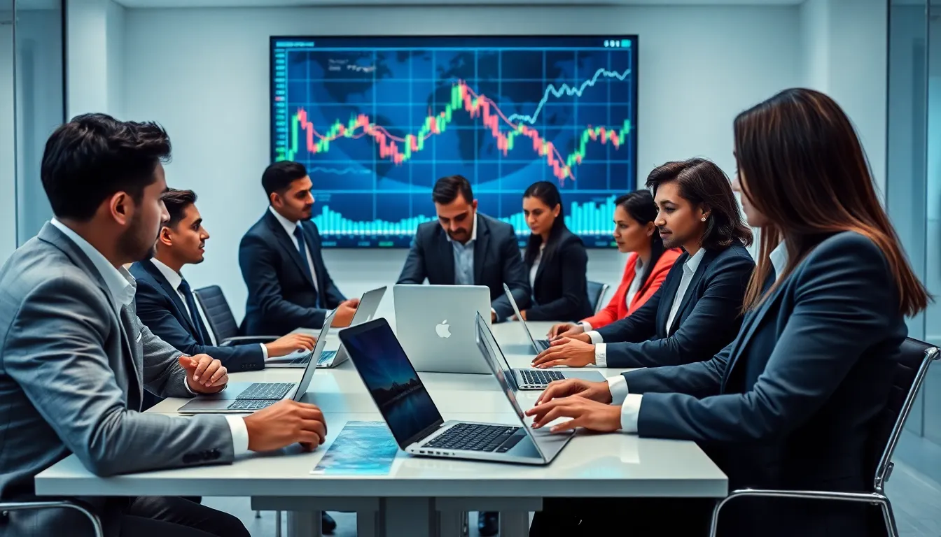 business professionals analyzing stock market data in a modern office.