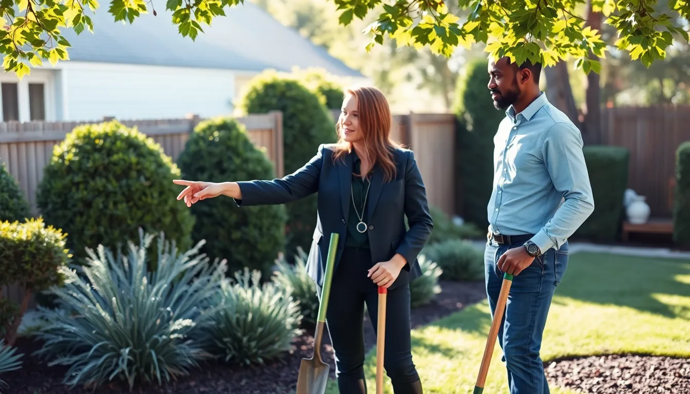 professionals discussing garden maintenance in a suburban backyard.