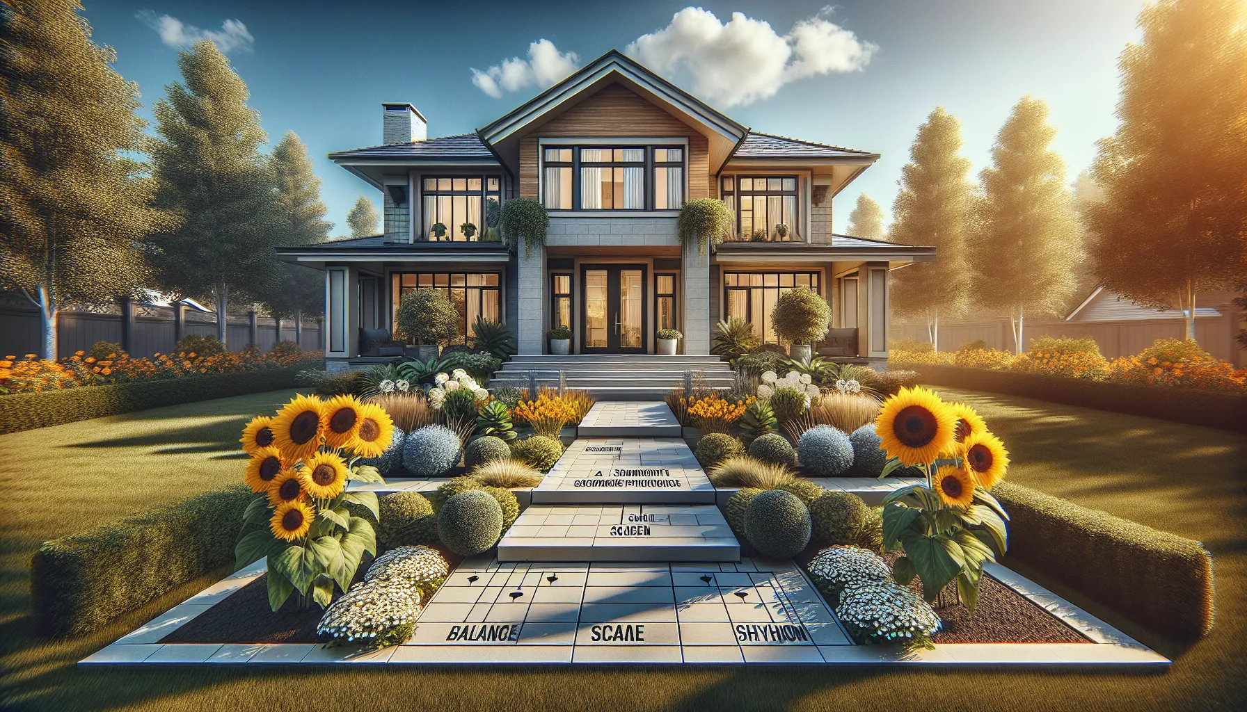 A stylish home with balanced exterior design and a flourishing garden.