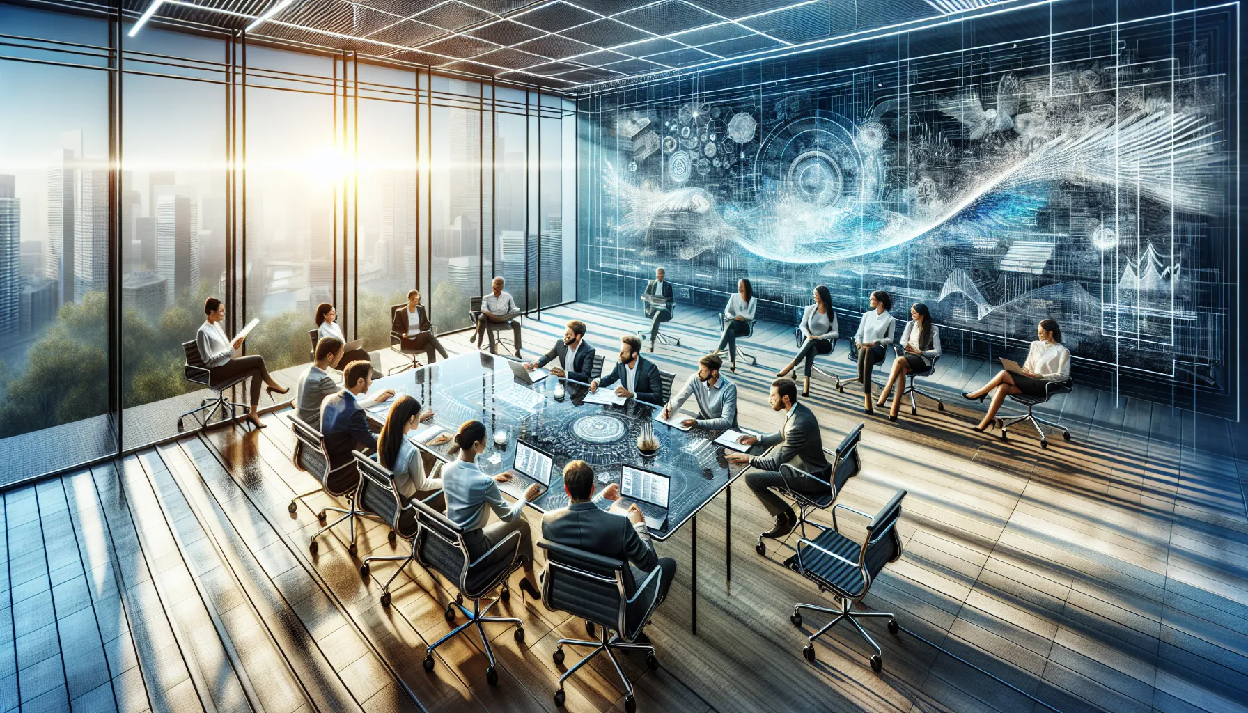 diverse team discussing creative ideas in a modern office.