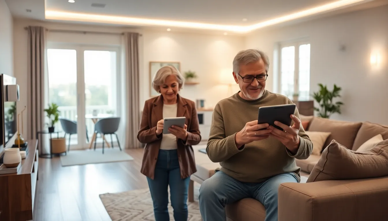 senior couple using smart home devices in a modern living room.