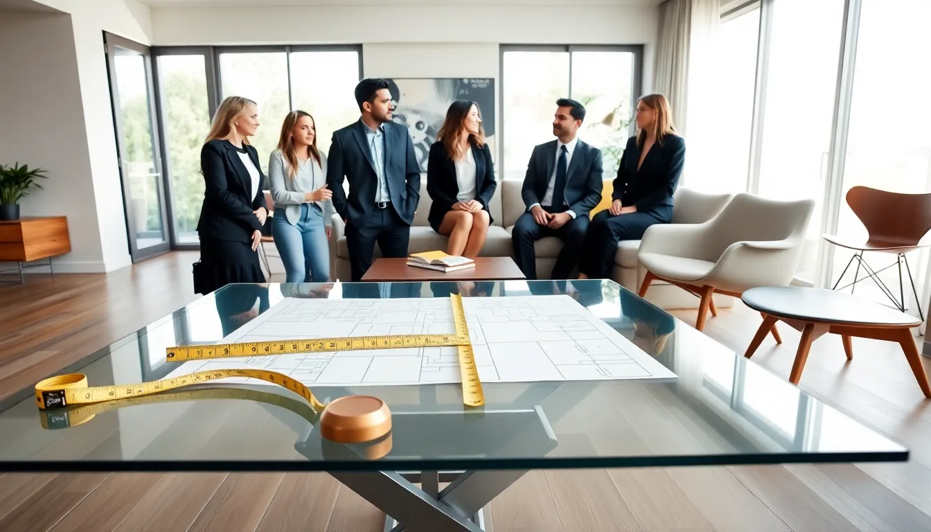 professionals discussing furniture layout in a stylish modern living room.