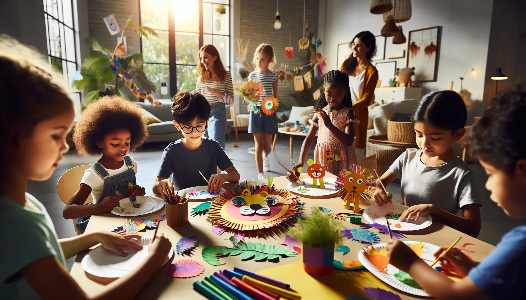 Children crafting colorful animals and collages in a bright, modern room.