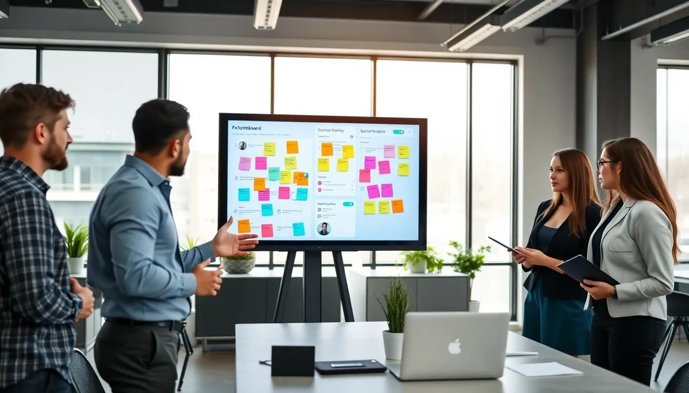 team collaborating around a digital fumbleboard in a modern office.