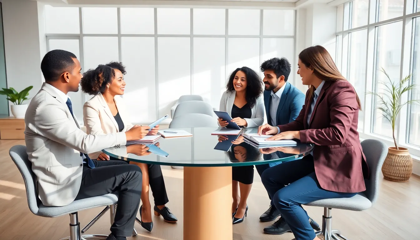 diverse team brainstorming in a modern office setting.