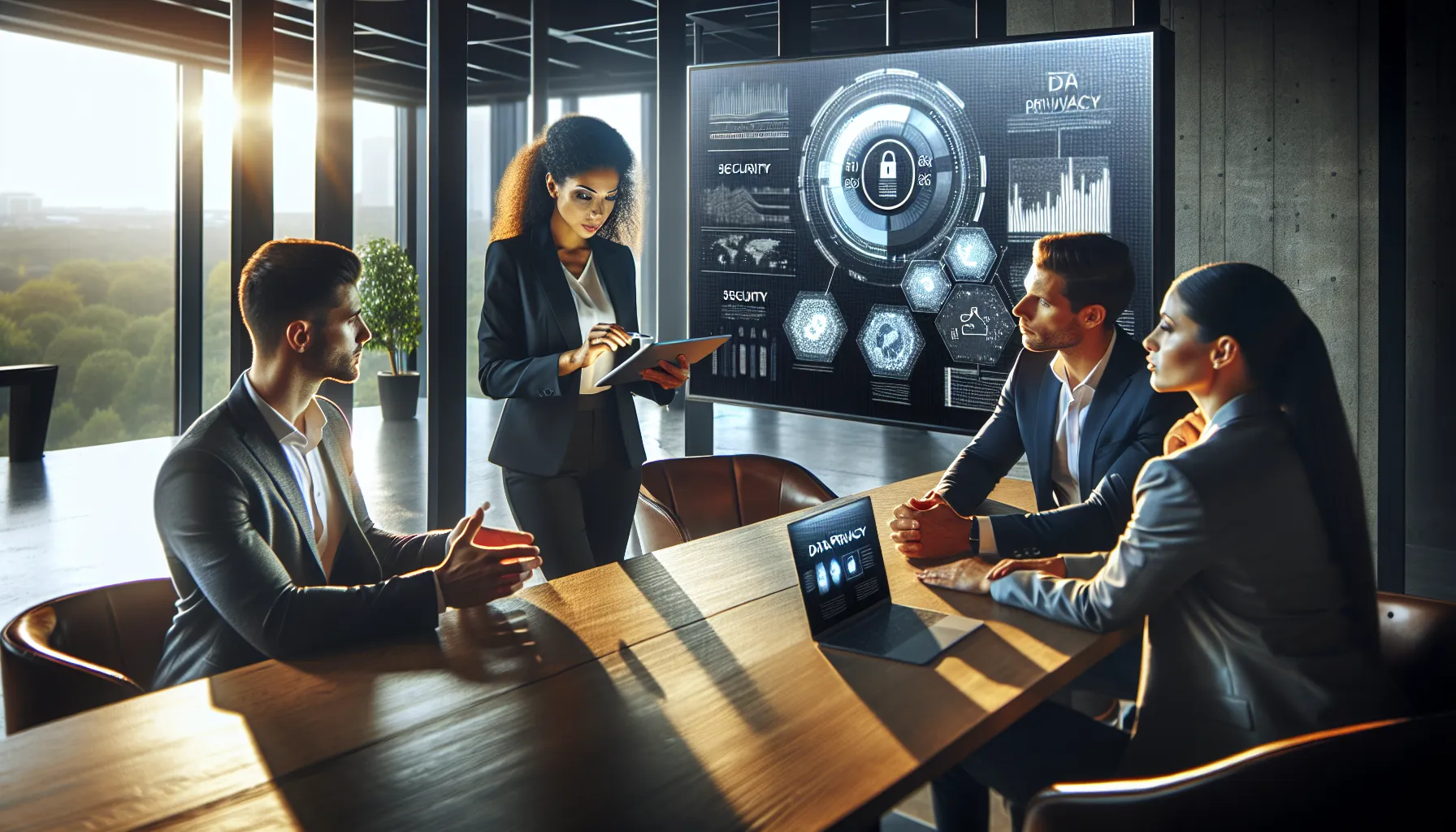professionals discussing data privacy in a modern office.