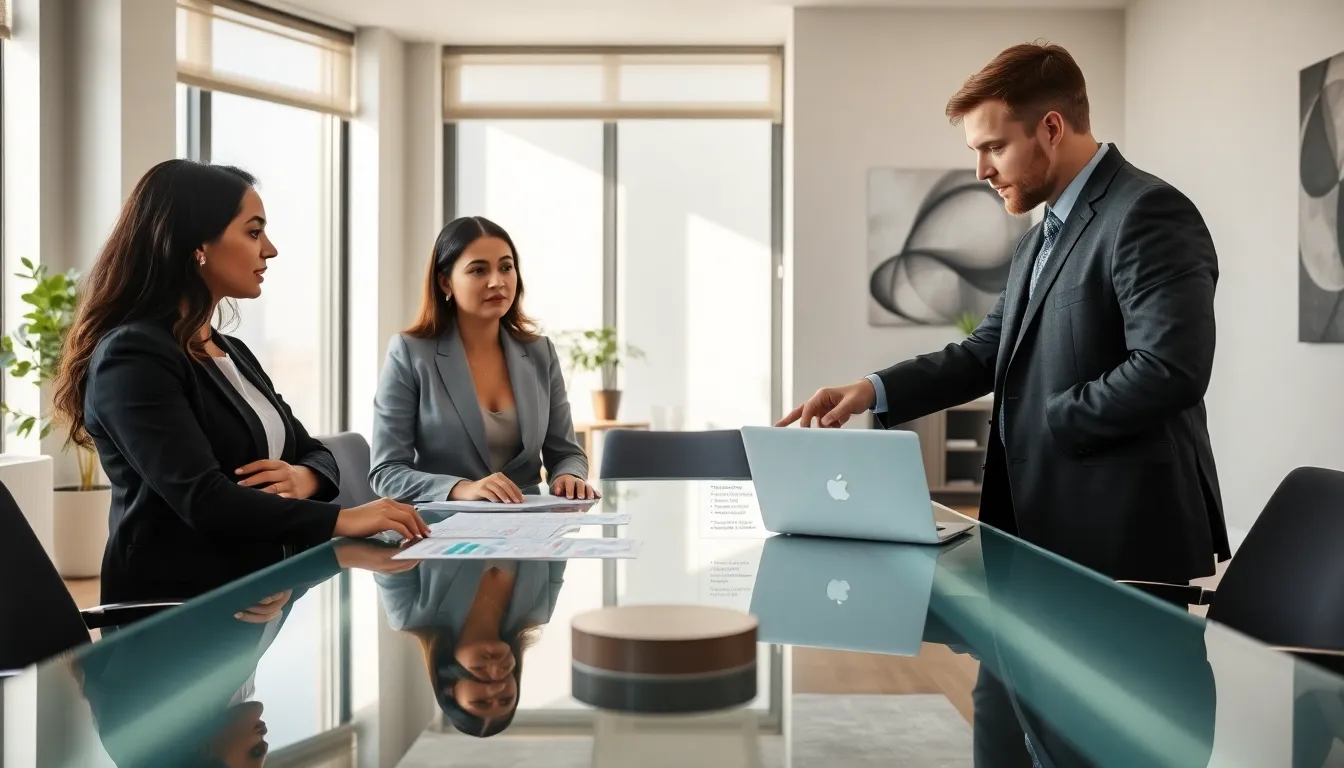 diverse professionals discussing homeowners insurance in a modern office.