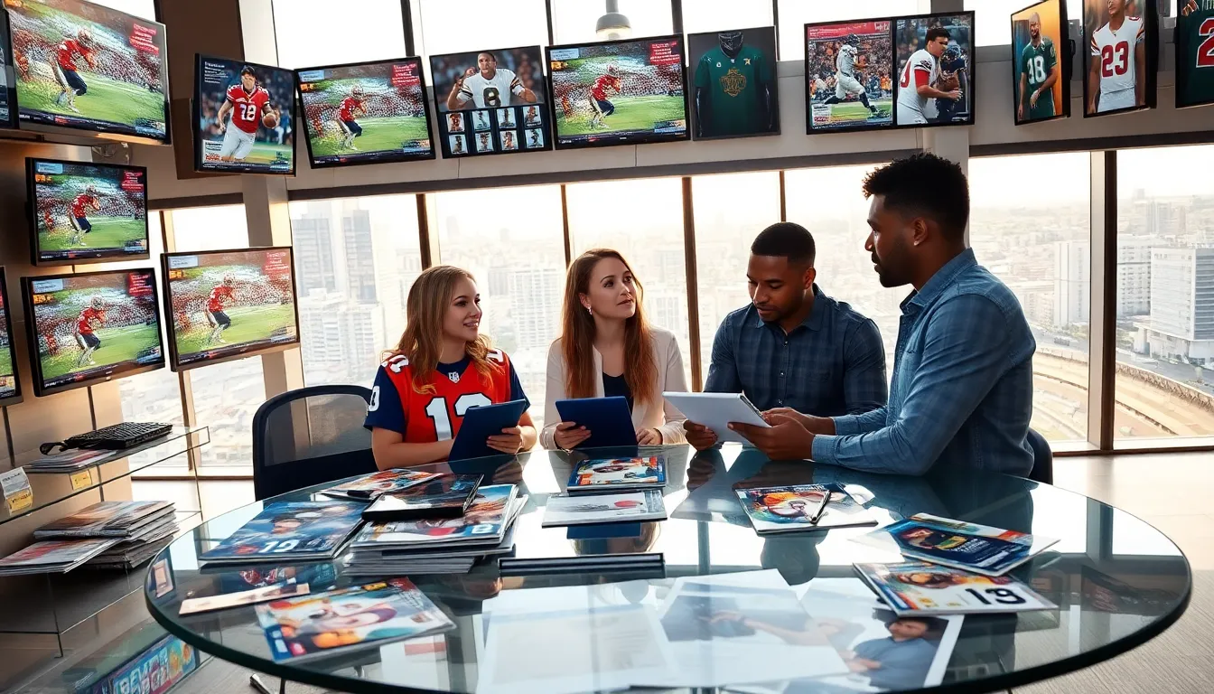 a diverse group discussing sports in a modern office filled with memorabilia.