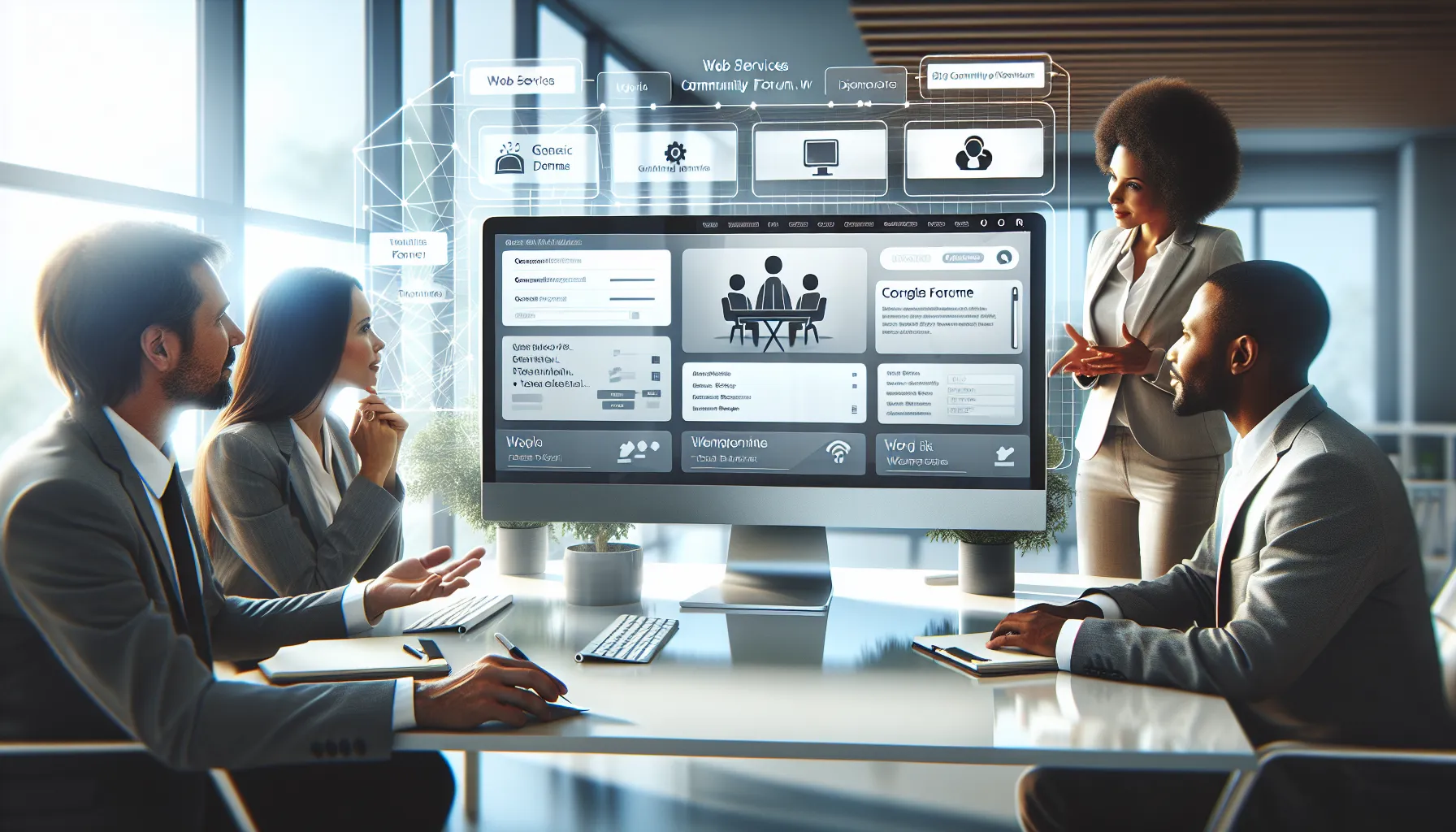 professionals discussing a website interface in a modern office.