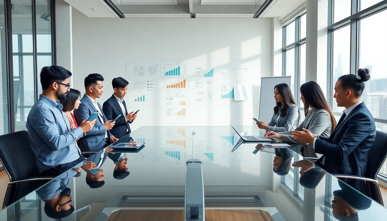 diverse team collaborating on fintech innovations in a modern office.