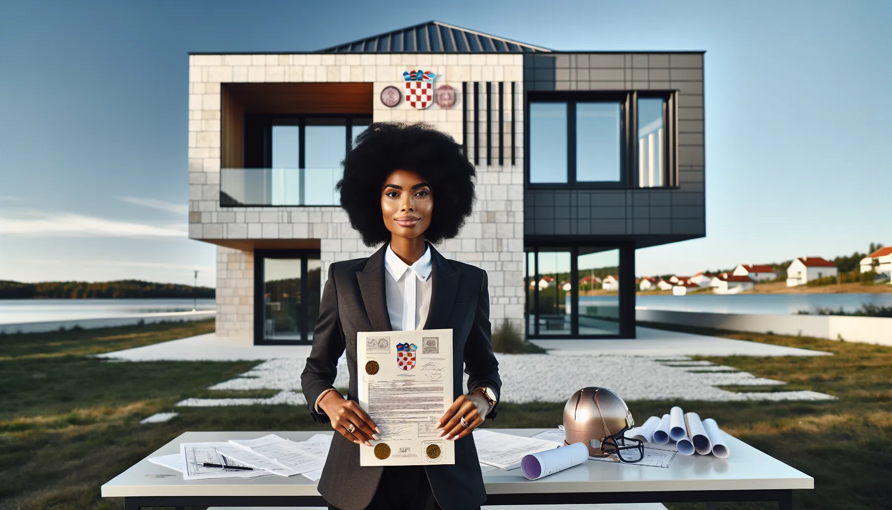 Croatian building inspector with official permit document in front of modern house