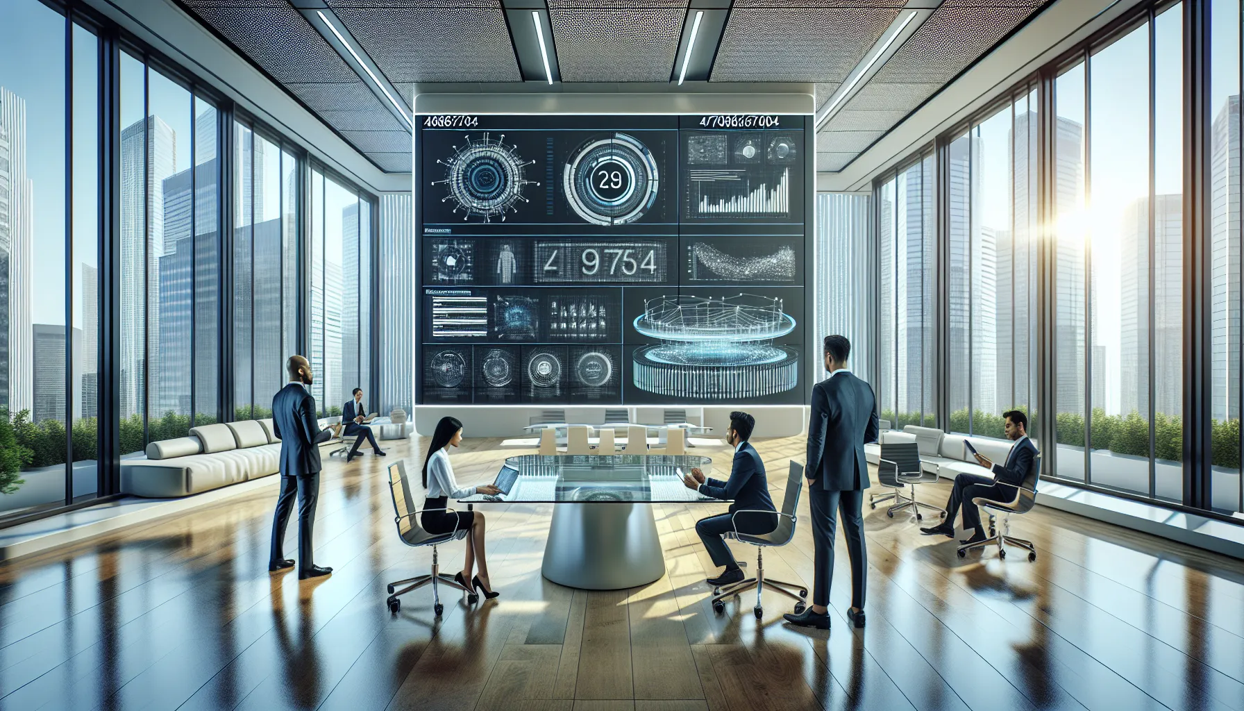 diverse team analyzing a digital dashboard in a professional office.
