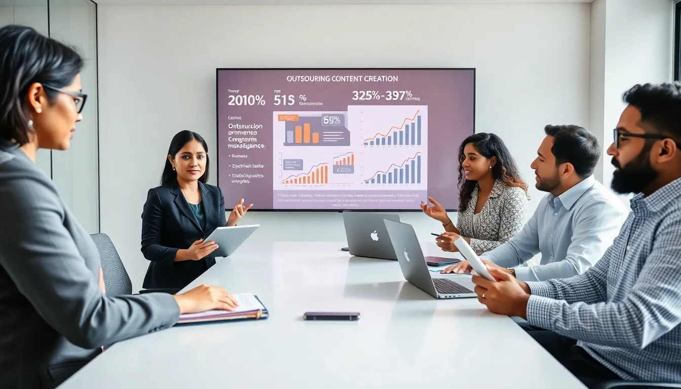 diverse professionals collaborating on content creation strategies in a modern office.