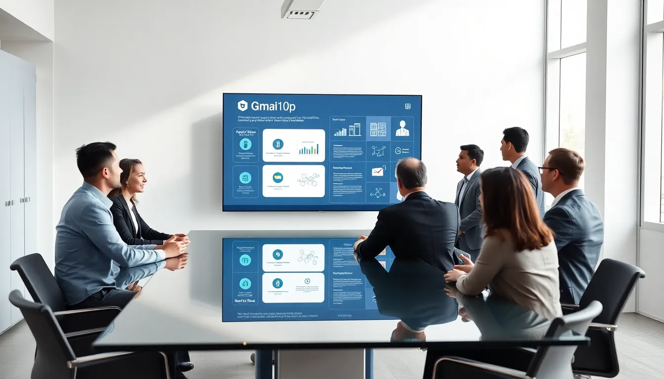 diverse professionals collaborating in a modern office using Gmai10p platform.