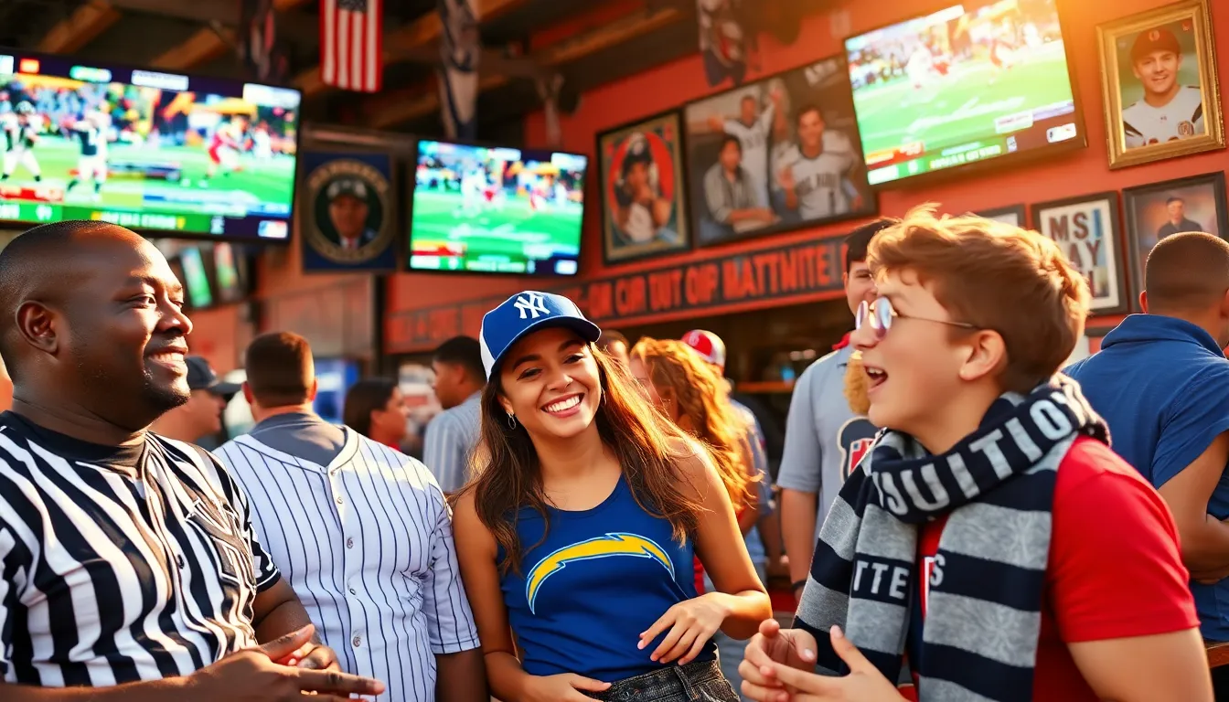 fans discussing sports in a lively American sports bar.