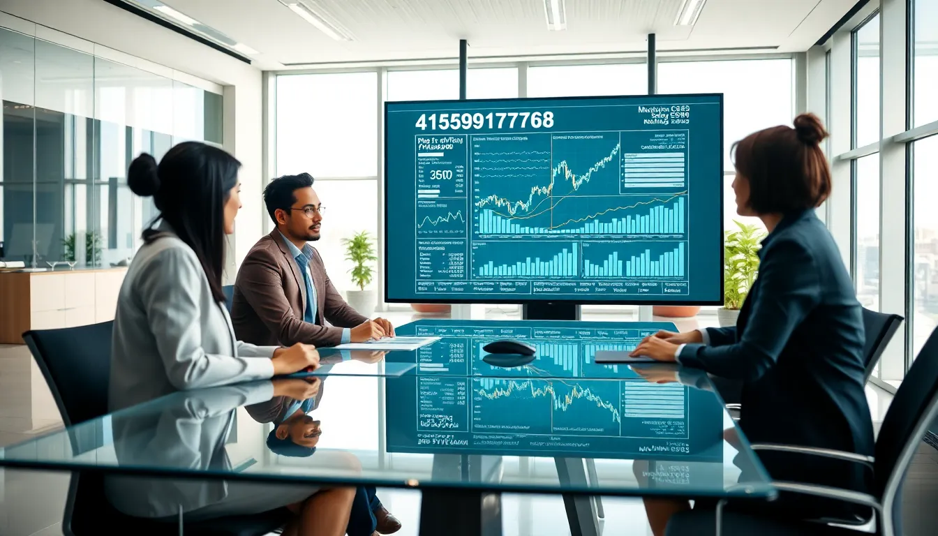 diverse professionals discussing data in a modern office.