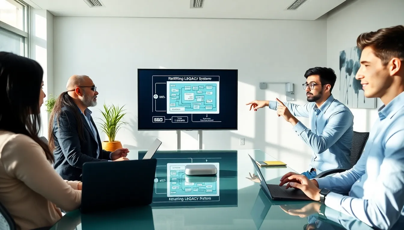 team discussing legacy systems and modernization in a contemporary office.