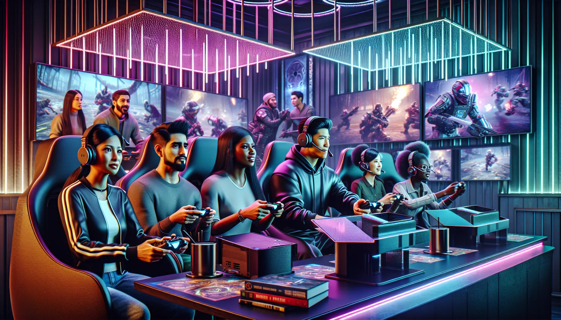 diverse gamers collaborating in a modern gaming lounge.