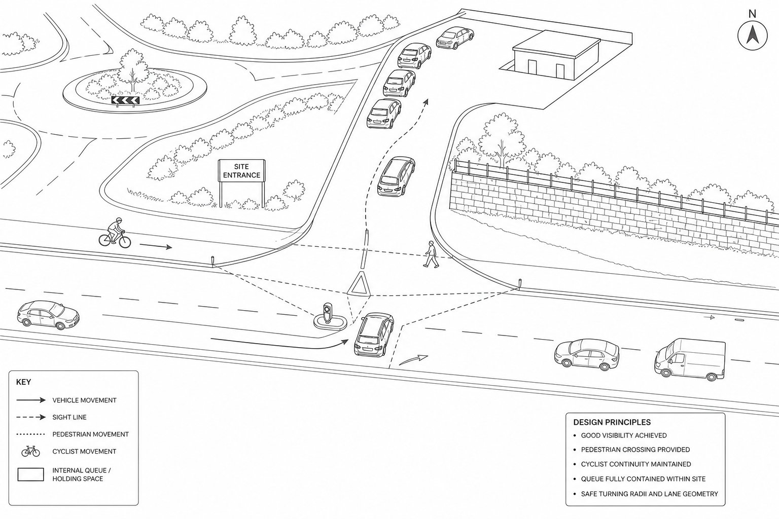 UK road access junction with vehicles, cyclist, and pedestrian movements.