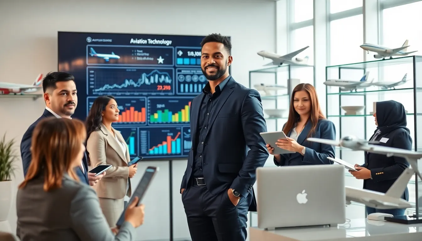professionals discussing aviation and space technology in a modern office.