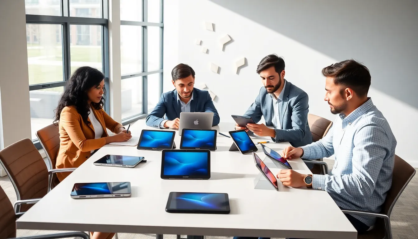 diverse professionals collaborating with Samsung tablets in a modern office.