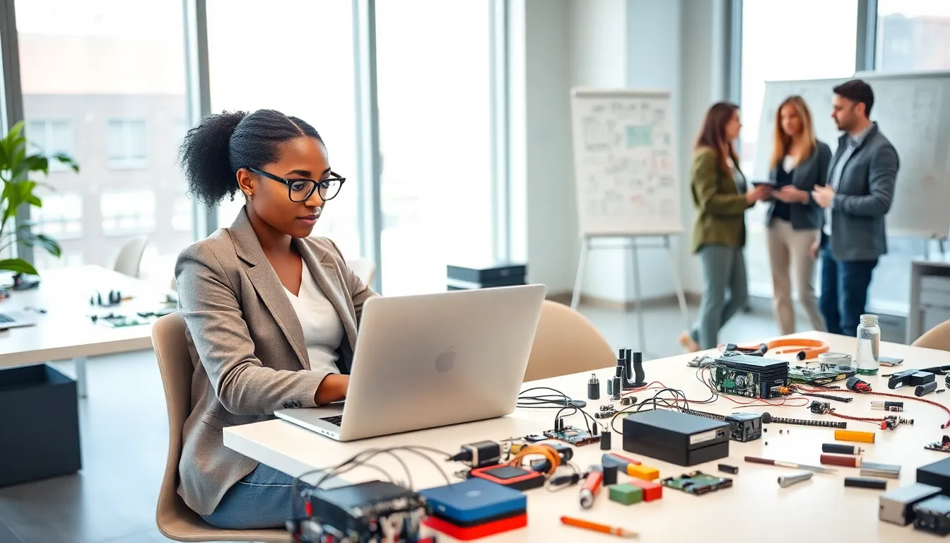 A diverse team working with hardware and technology in a modern office.