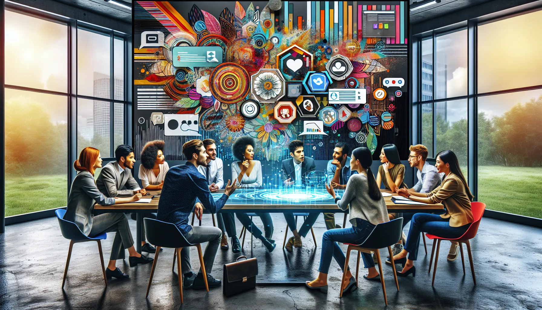 diverse professionals discussing cultural impact in a modern workspace.