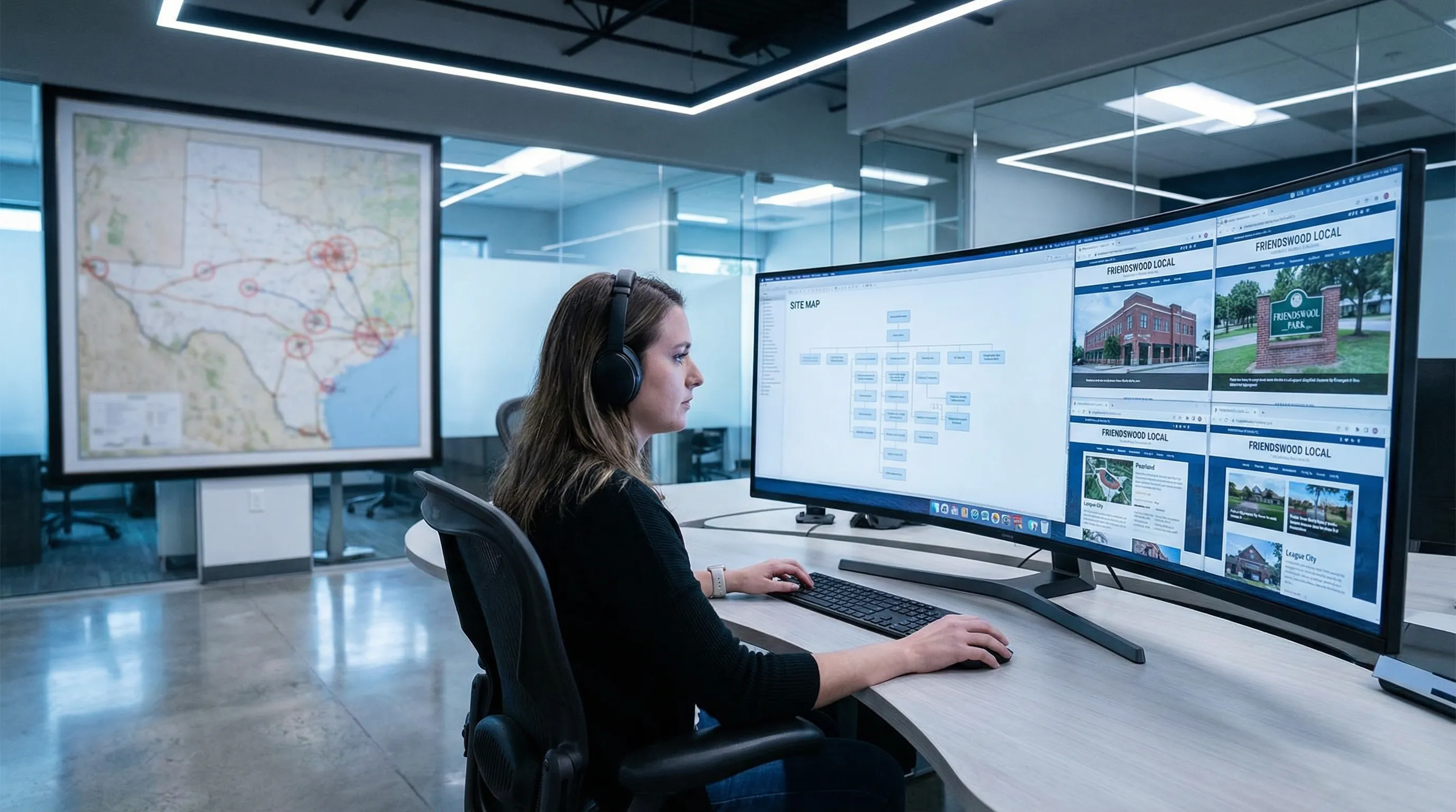 Designer in an office reviewing a structured local business website and nearby city locations on a large monitor.