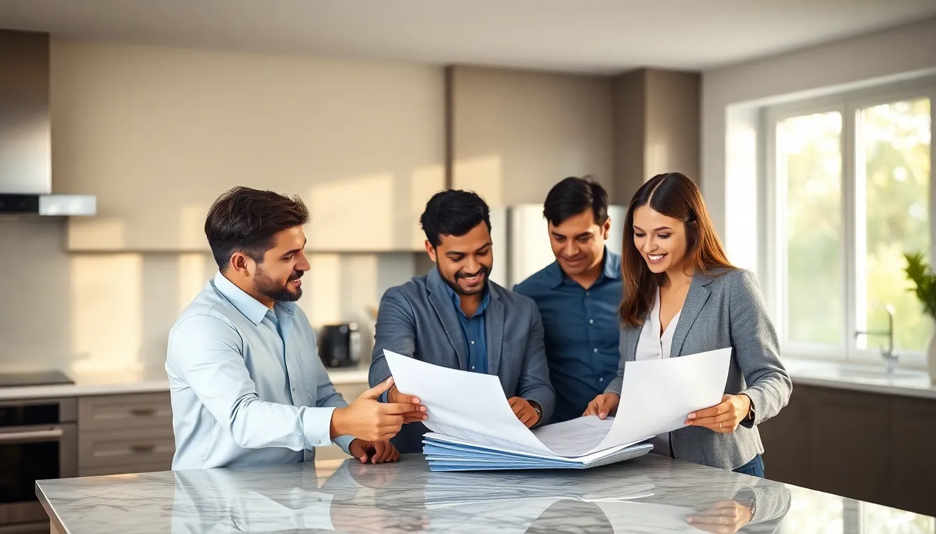 diverse group discussing home renovations and insurance in a modern kitchen.