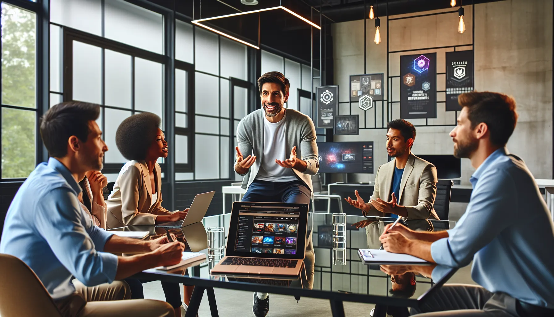 diverse team collaborating on gaming content in a modern office.