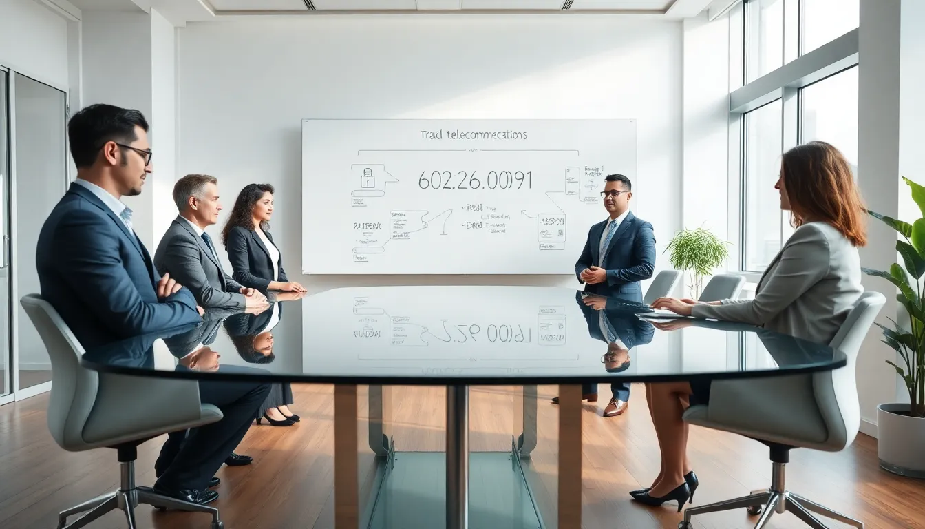 diverse professionals discussing the significance of 602.926.0091 in an office.