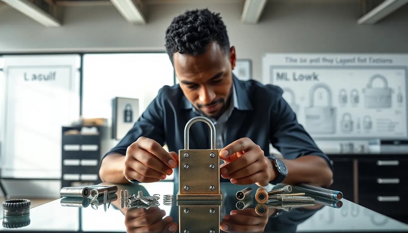 locksmith working on a lock in a modern, well-lit workspace.