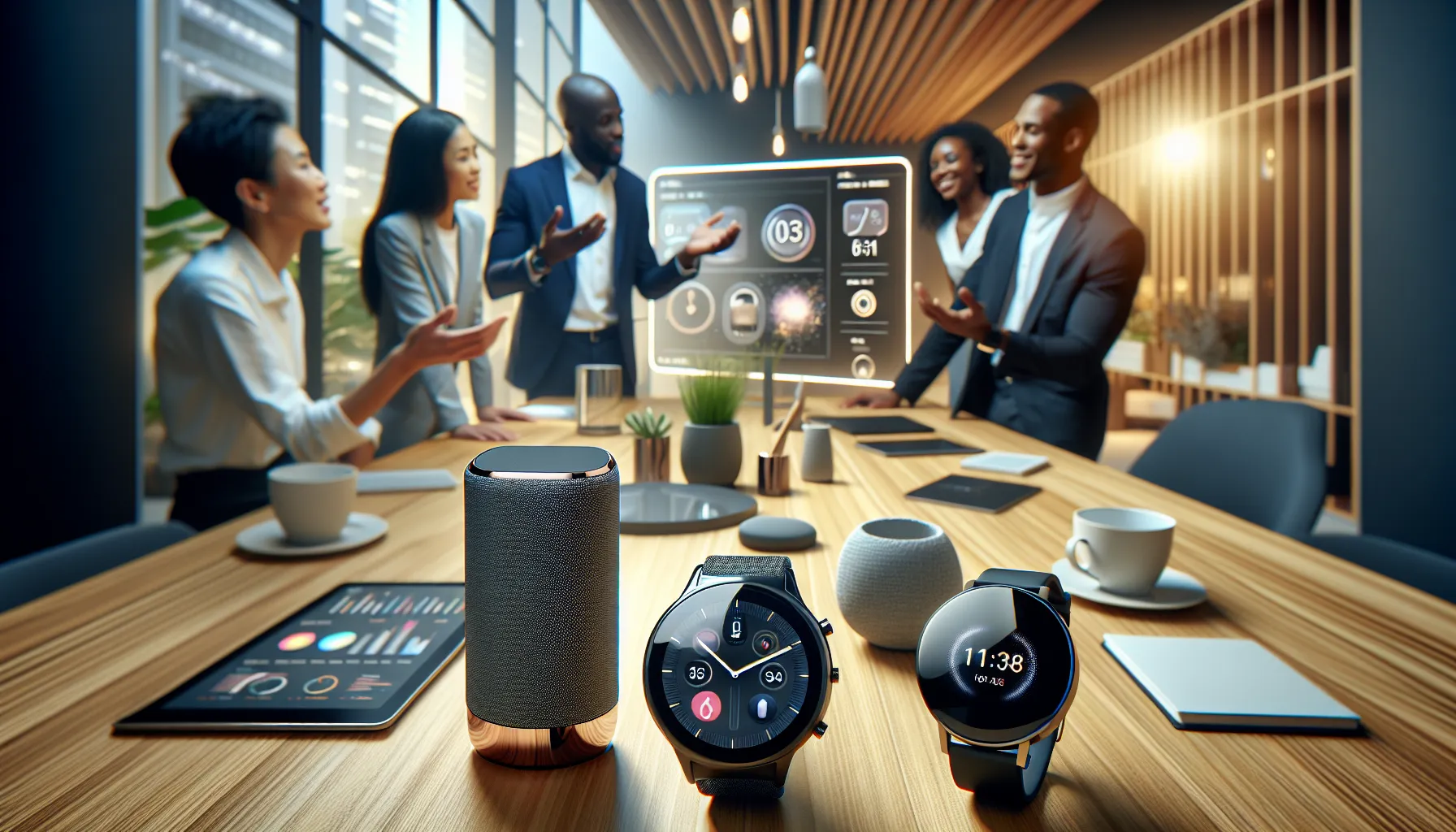 professionals discussing the latest Zard gadgets in a modern office.