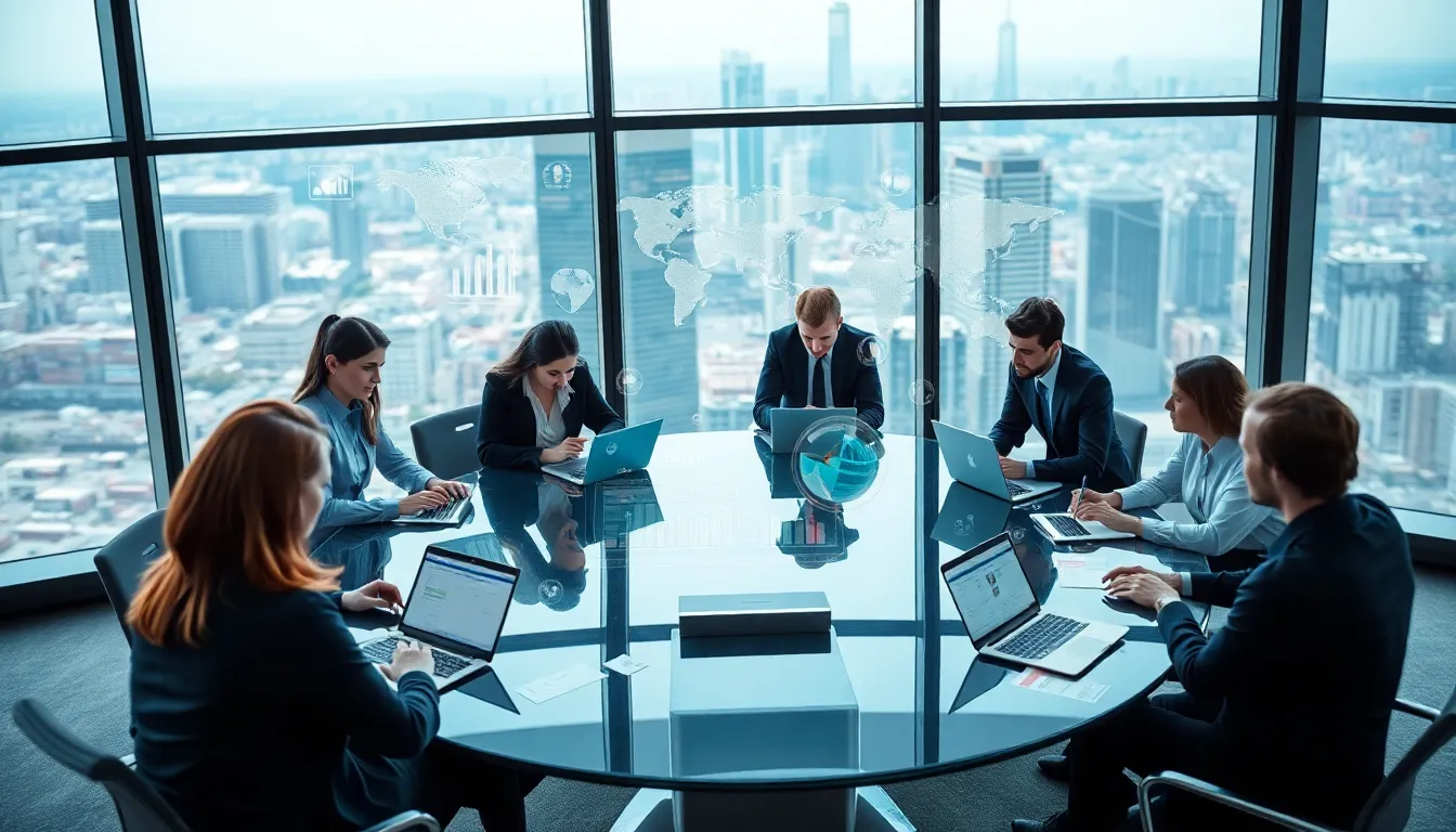 diverse team discussing supply chain technology in a modern office.