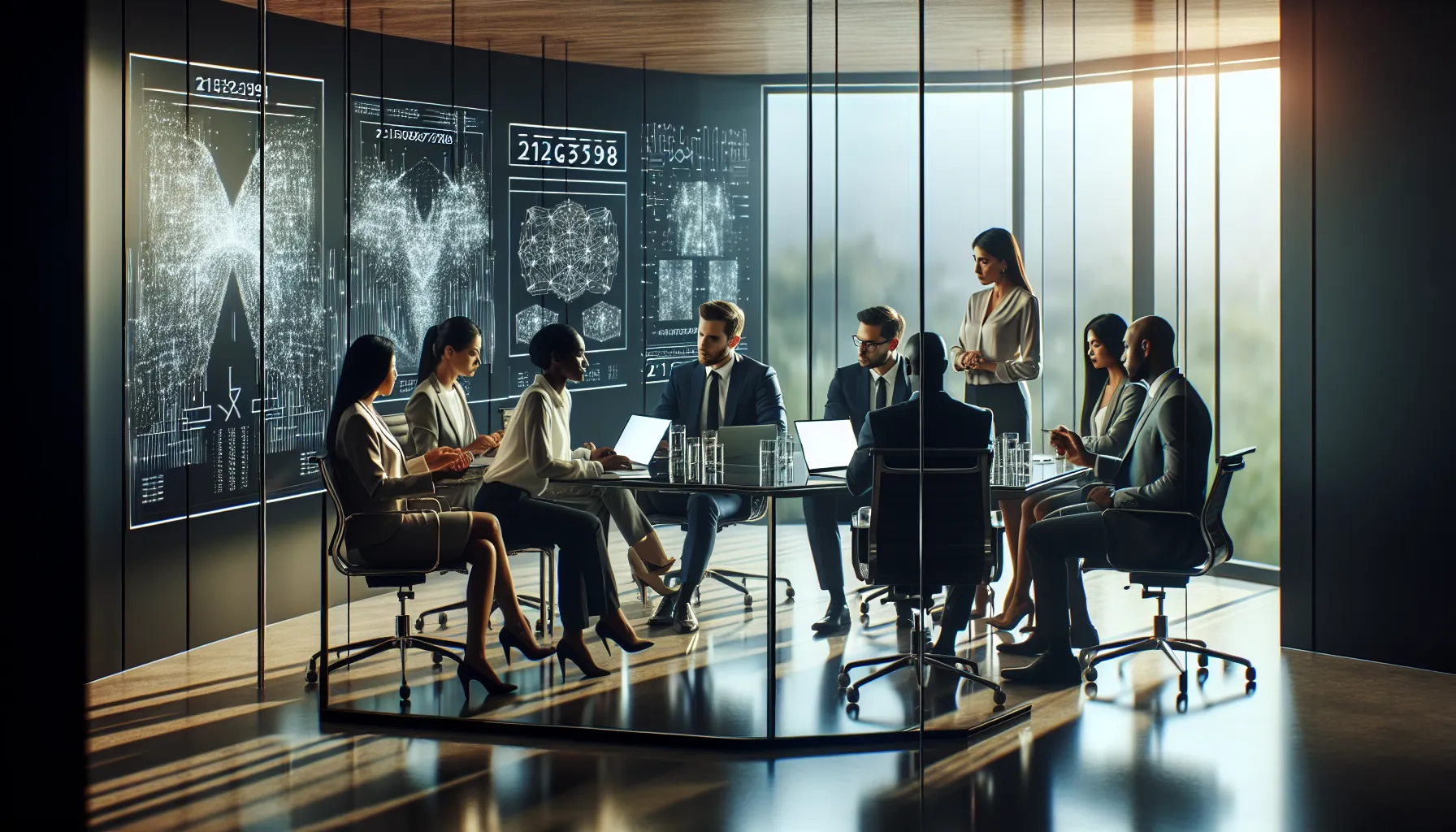 diverse professionals discussing technology applications in a modern office.