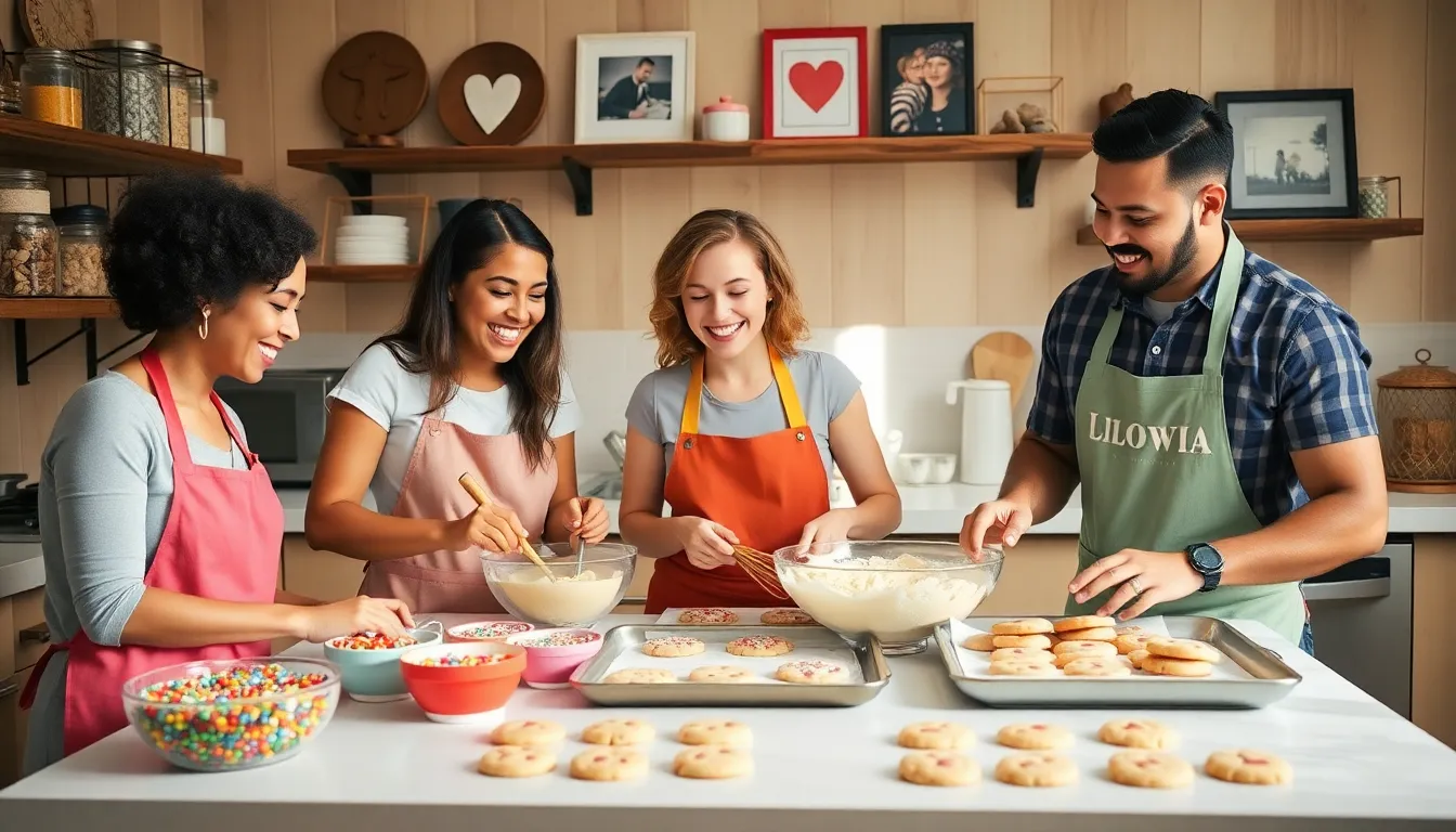 bakers collaborating joyfully in a warm kitchen setting.