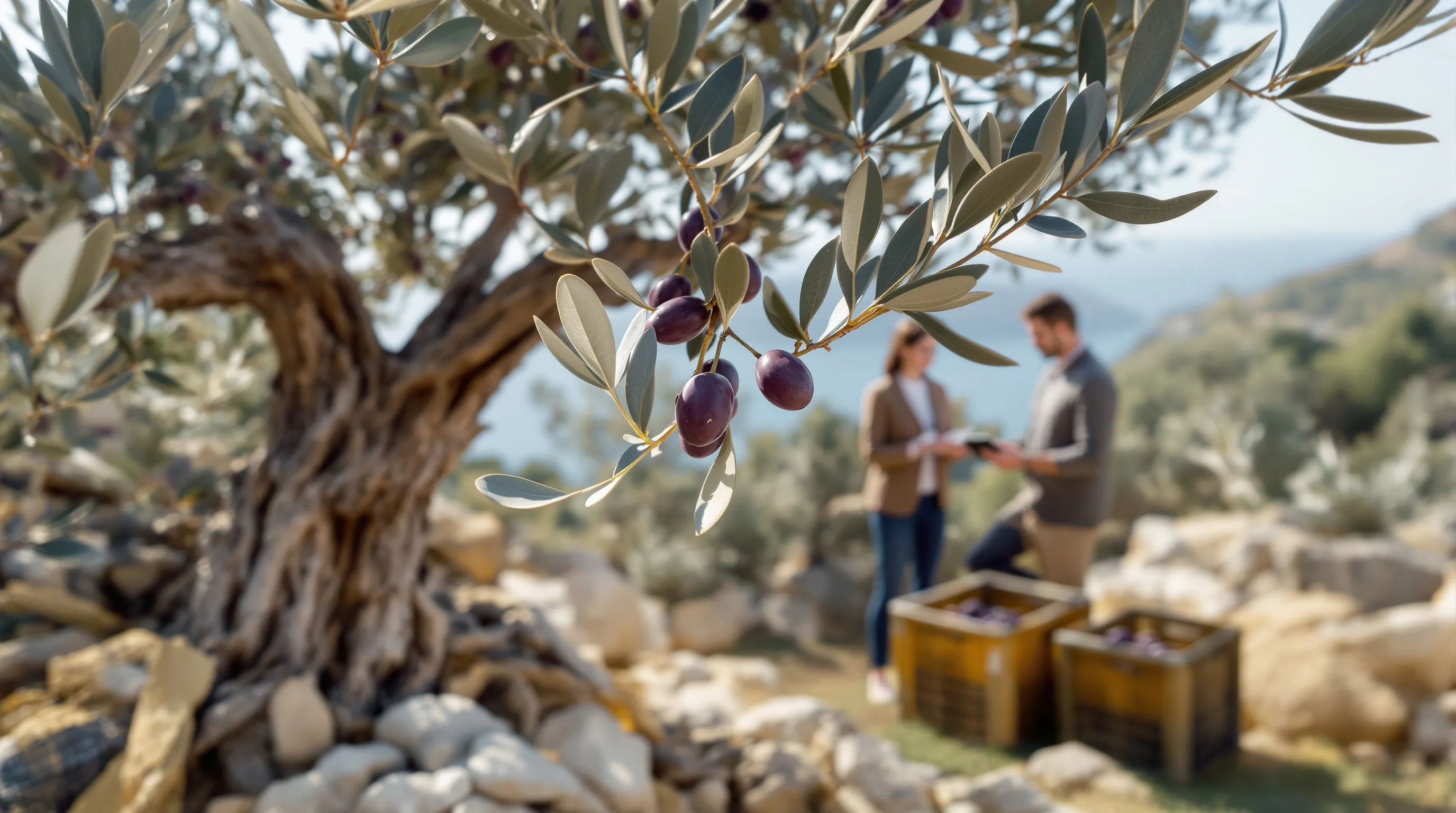 Olive branch and Croatian agronomists in a coastal grove, Adriatic background.