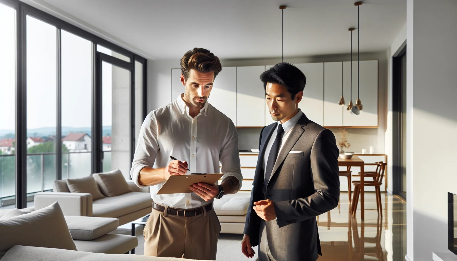 Two professionals documenting apartment condition with clipboard in modern Croatian home.