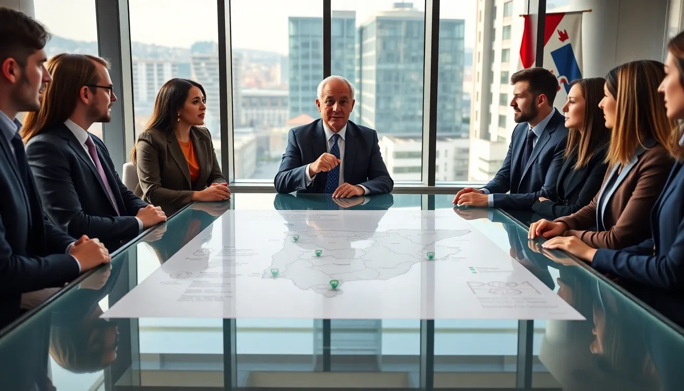 diverse professionals discussing Basque nationalism in a modern office.