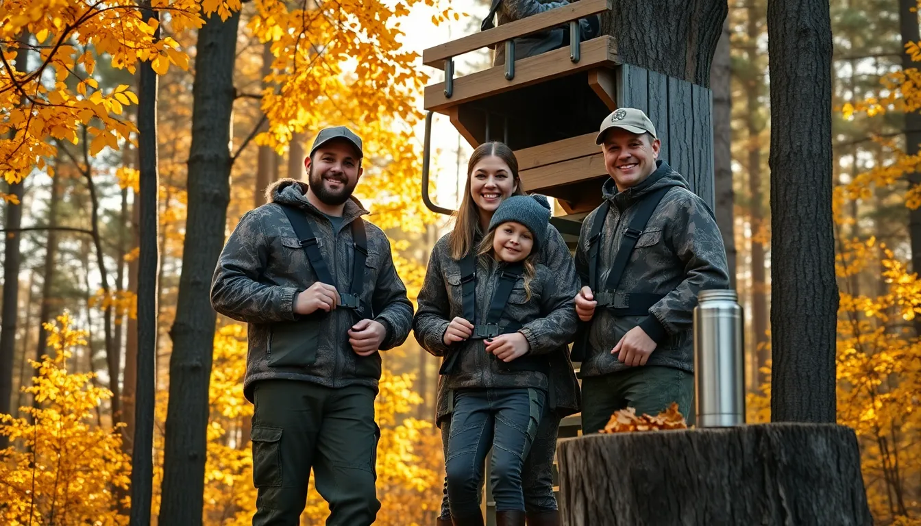 family bonding near a treestand in a forest during hunting season.