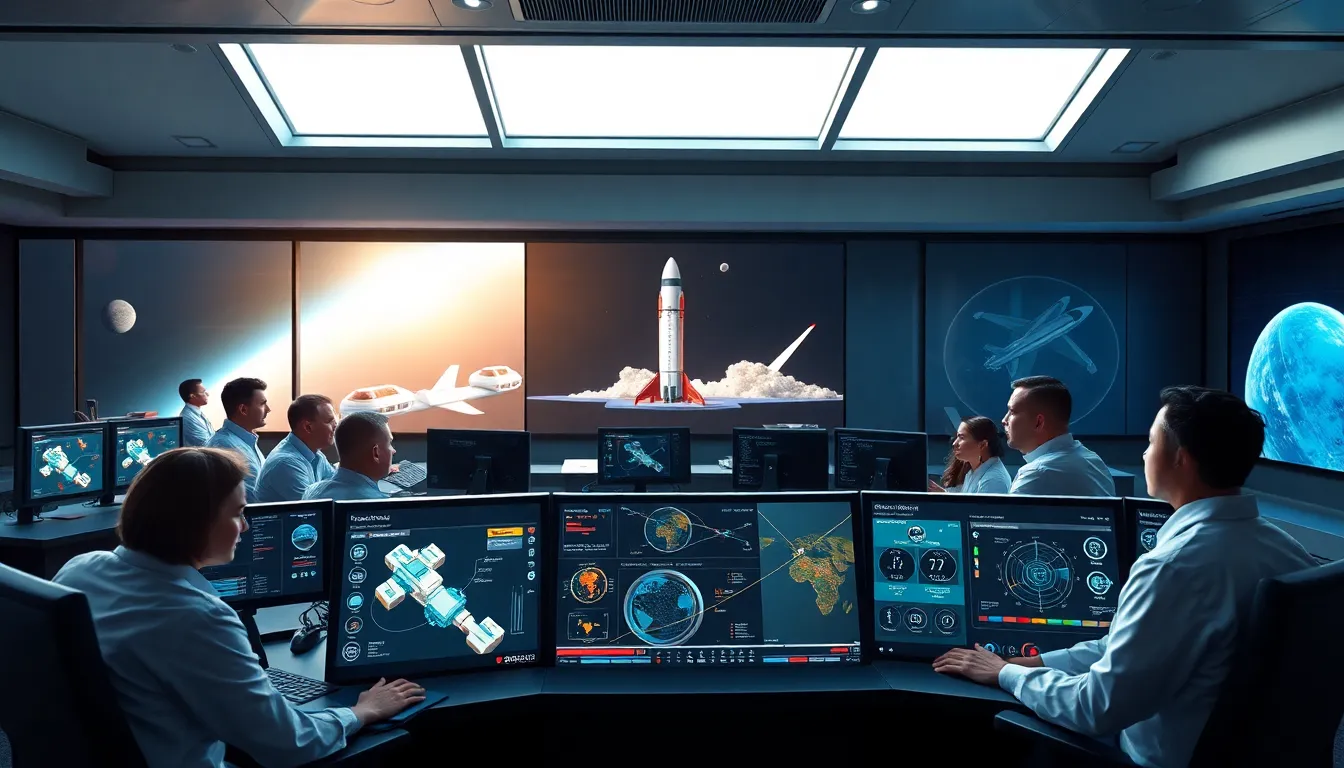 engineers monitoring rocket technologies in a futuristic control center.