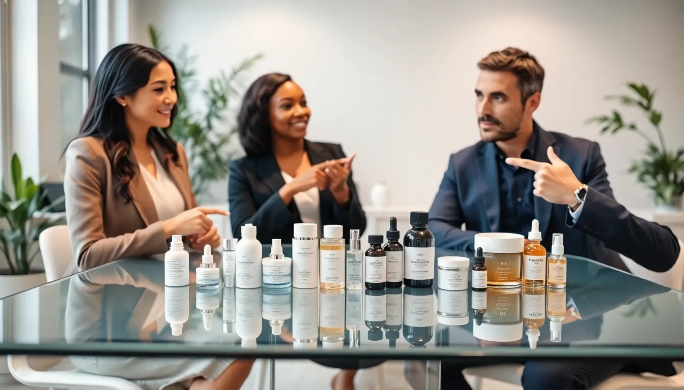 diverse group discussing skincare products in a modern office.