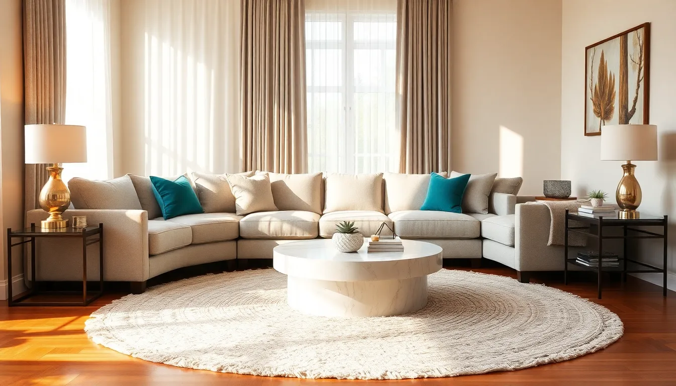 a cozy living room with a grey sofa, teal accent chair, and coffee table.