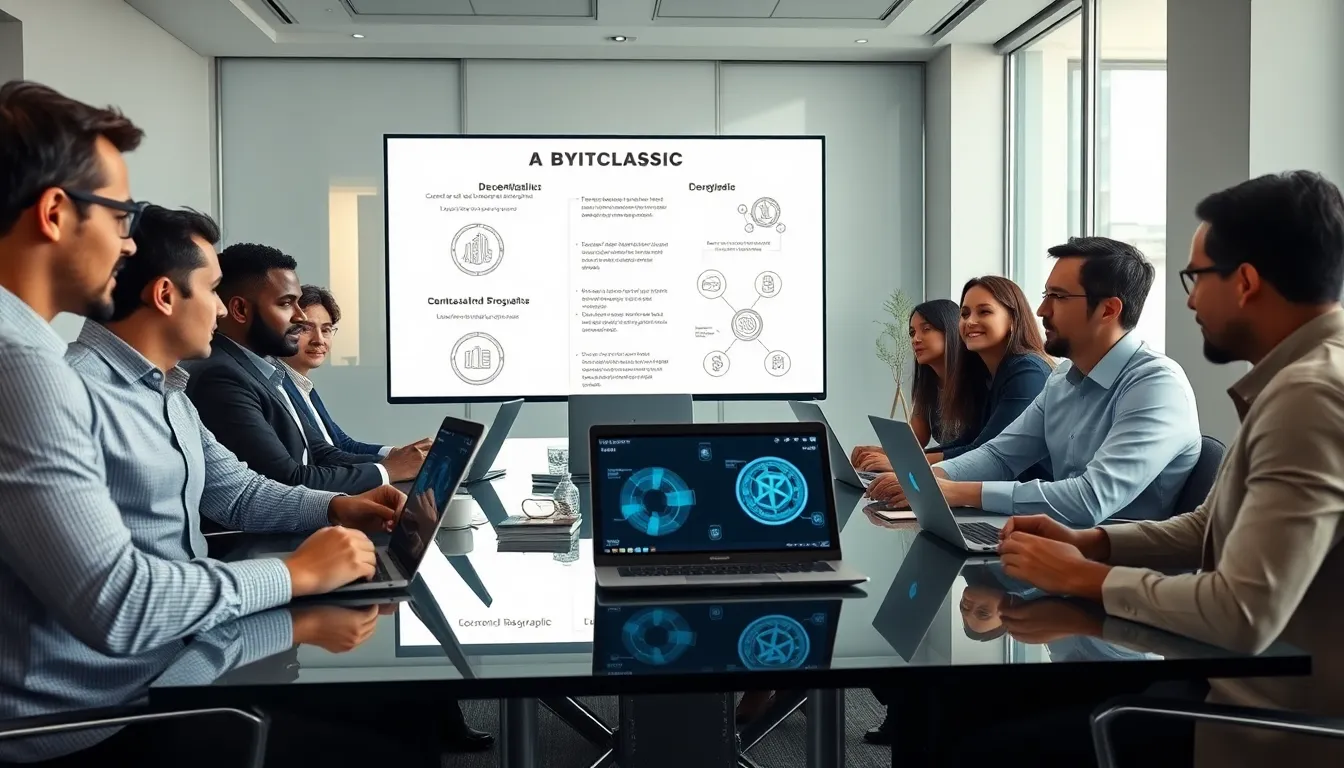 diverse team discussing Bitclassic cryptocurrency in a modern office setting.