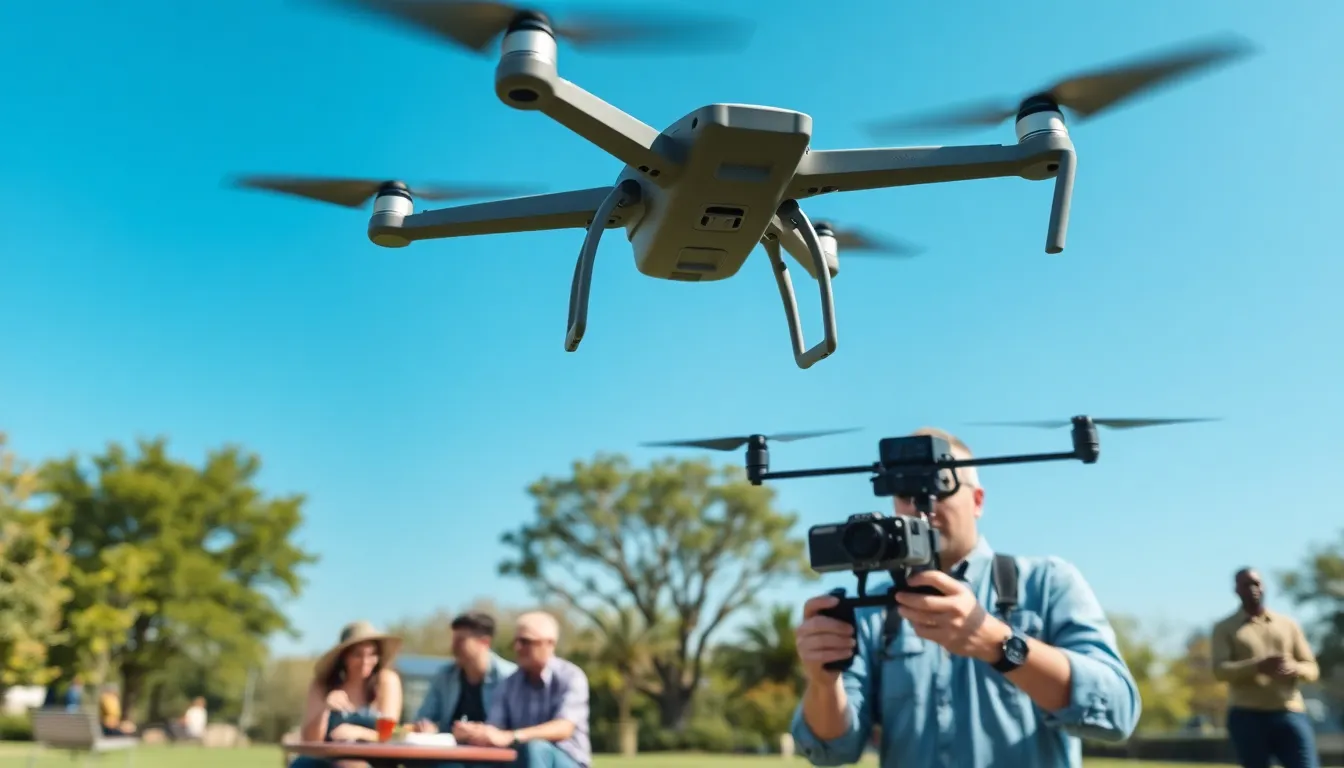 adults flying recreational and commercial drones in a sunny park.