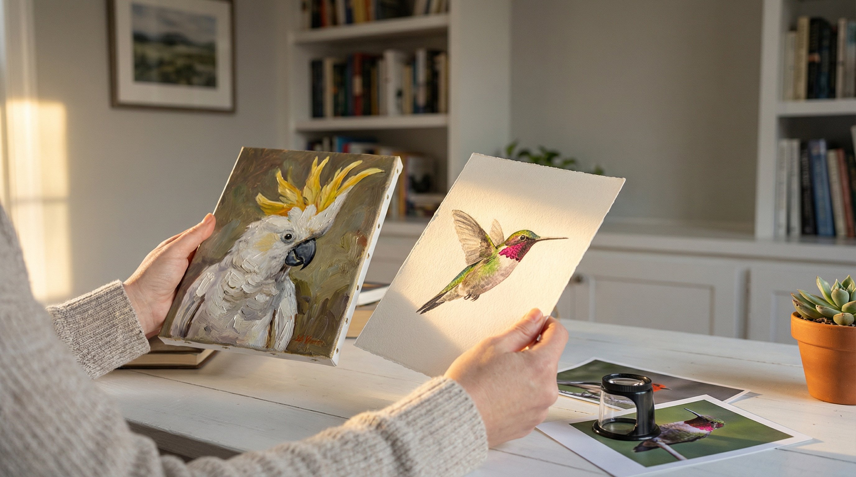Hands comparing detailed oil and watercolor custom bird portraits on a desk.