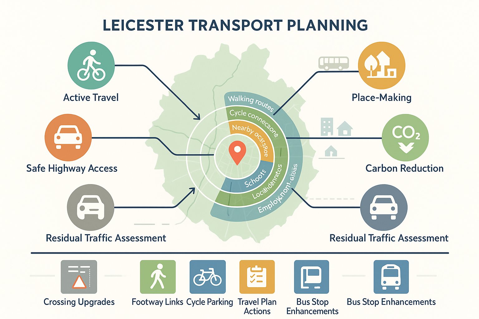 Infographic showing Leicester transport planning factors, authorities, access, and sustainable travel improvements.